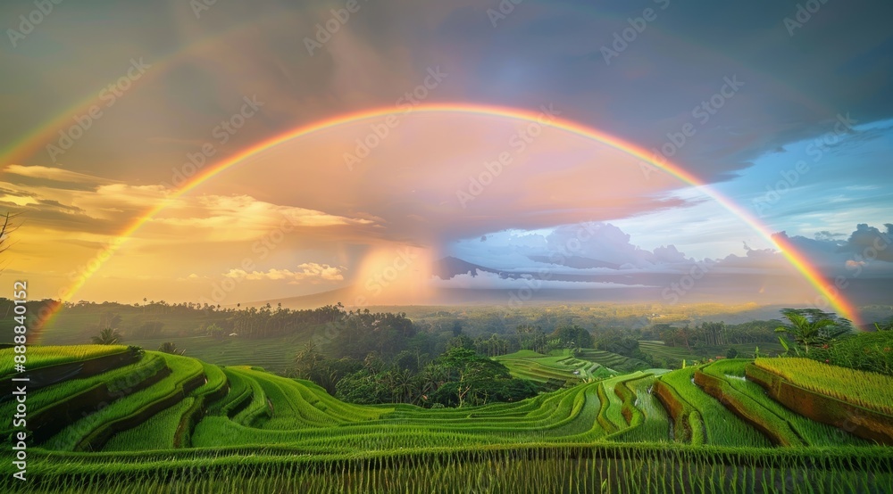 Obraz premium Scenic landscape with vibrant rainbow over lush green rice terraces during sunset