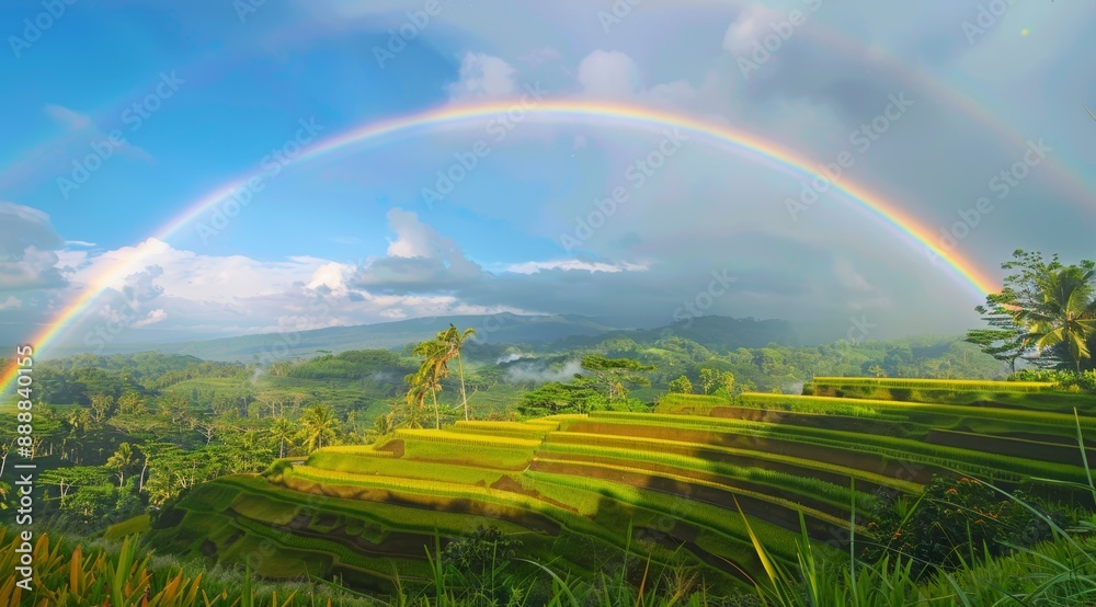 Obraz premium Scenic view of vibrant green rice terraces under a bright rainbow