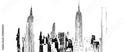 Vector black white cityscape skyline sketch aerial city.