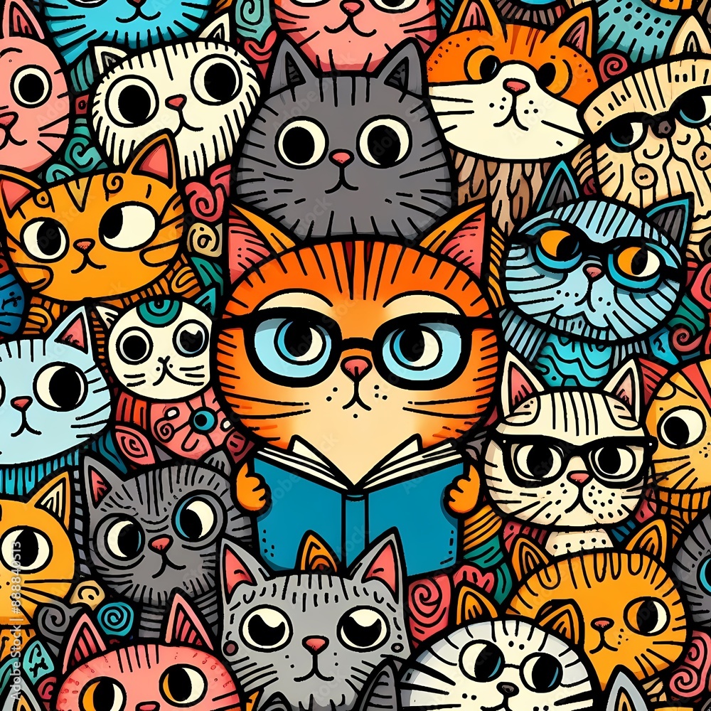 Cat Doodle Art Cartoon. Various cats with expressive faces in a crowded pattern Cat Doodle Art Cartoon. Various cats with expressive faces in a crowded pattern