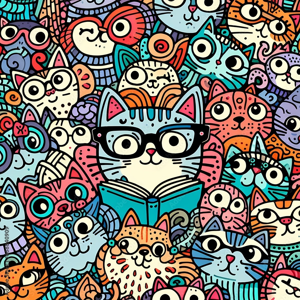 Cat Doodle Art Cartoon. Various cats with expressive faces in a crowded pattern Cat Doodle Art Cartoon. Various cats with expressive faces in a crowded pattern