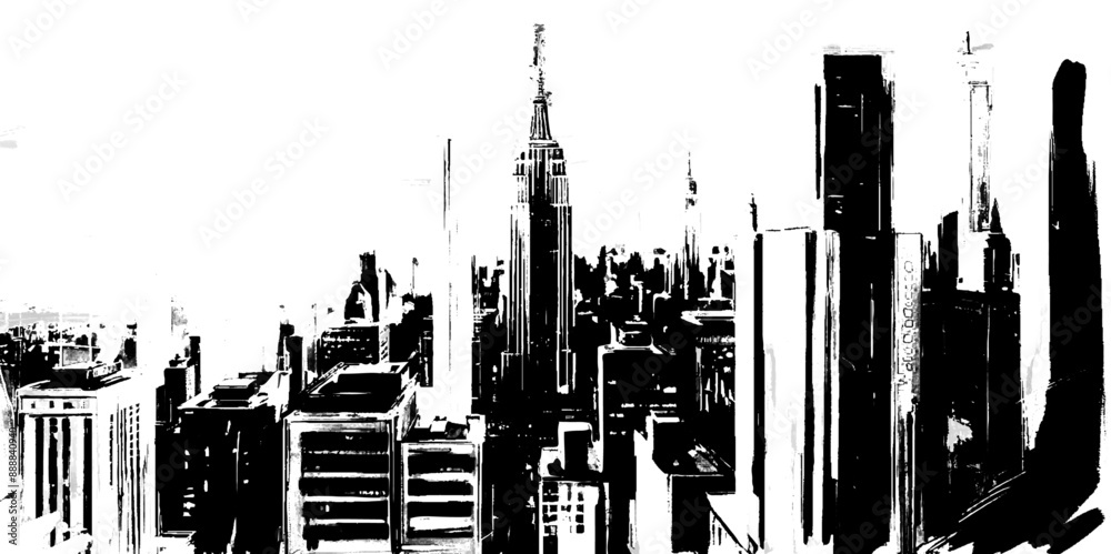 Obraz premium Vector art black and white skyline aerial view at dusk.