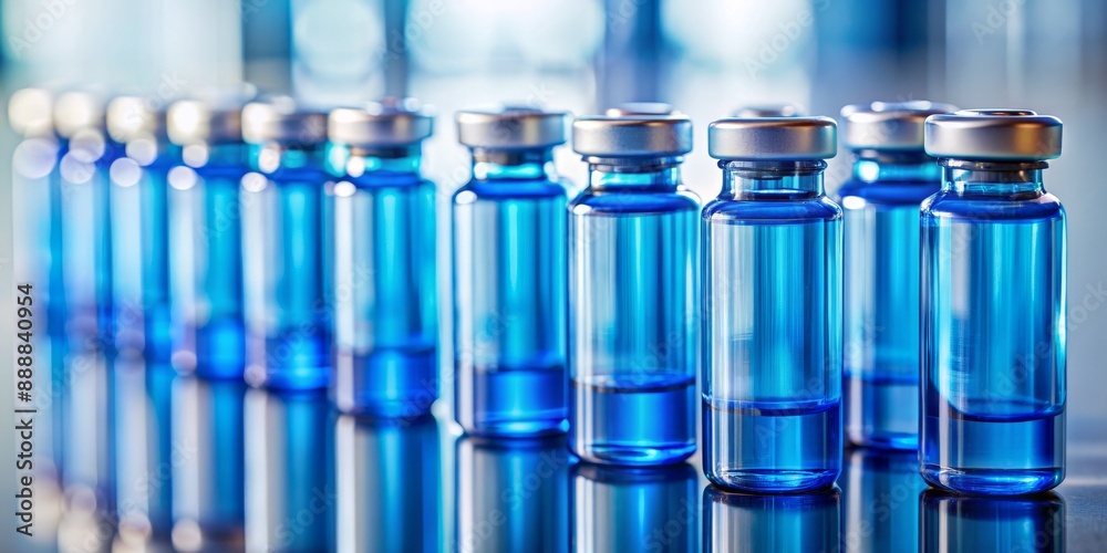 A Row of Blue Glass Vials, Composition Close-up, Image Blue glass vials with silver caps, Concept Medical, scientific, pharmaceutical, vial A Row of Blue Glass Vials, Composition Close-up, Image Blue glass vials with silver caps, Concept Medical, scientific, pharmaceutical, vial