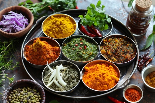 A beautifully arranged plate with different types of desi achar and fresh herbs.