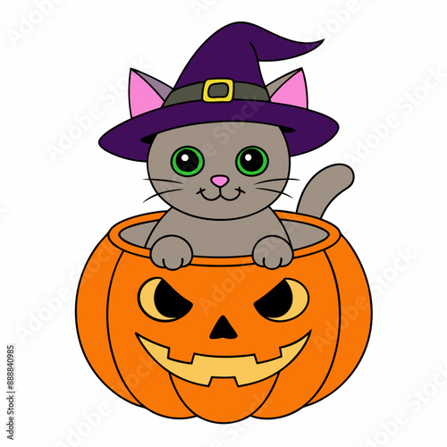 Vector illustration of a cute cat in a witch's hat inside a carved pumpkin with Halloween decorations on a white background for Cat Day