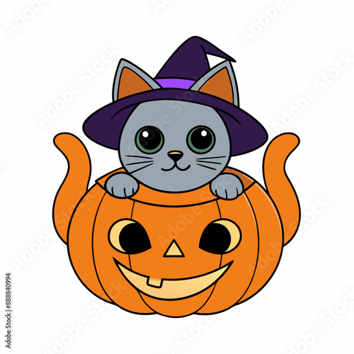 Vector illustration of a cute cat in a witch's hat inside a carved pumpkin with Halloween decorations on a white background for Cat Day photo