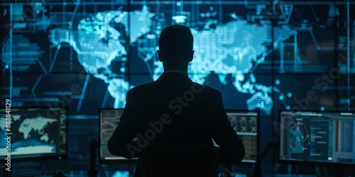 Man in suit looking at a digital world map on a large screen with multiple monitors in a dark room