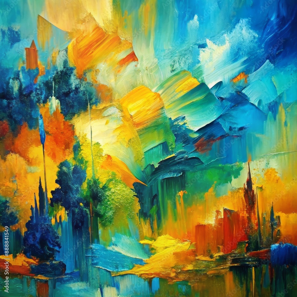 Obraz premium Abstract Cityscape with Vibrant Hues - Oil on Canvas, City, Architecture, Urban Landscape, Color