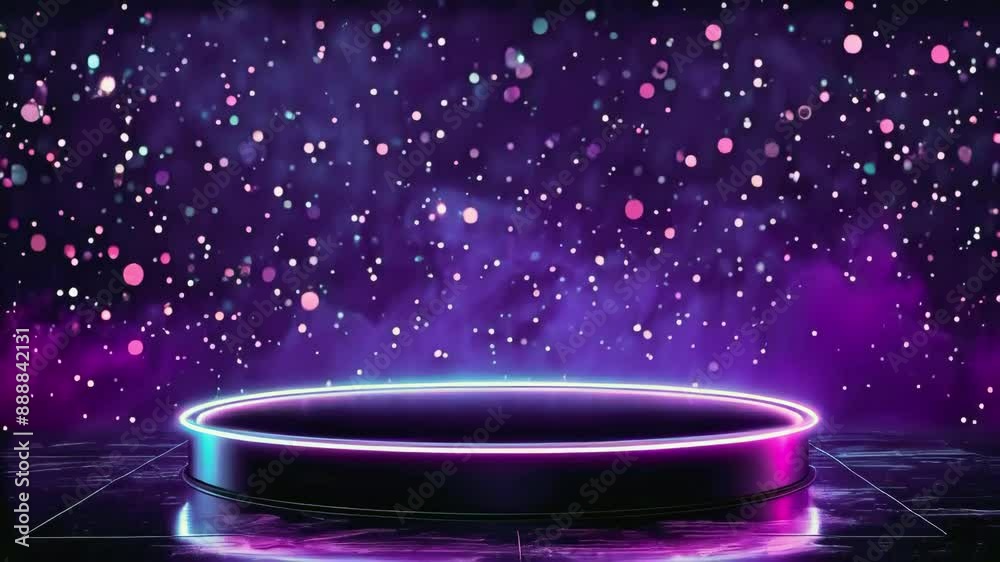 round stone concrete podium stand on cosmic background with particles and lights animation -- 4k social media new stock video footage animation design AI	