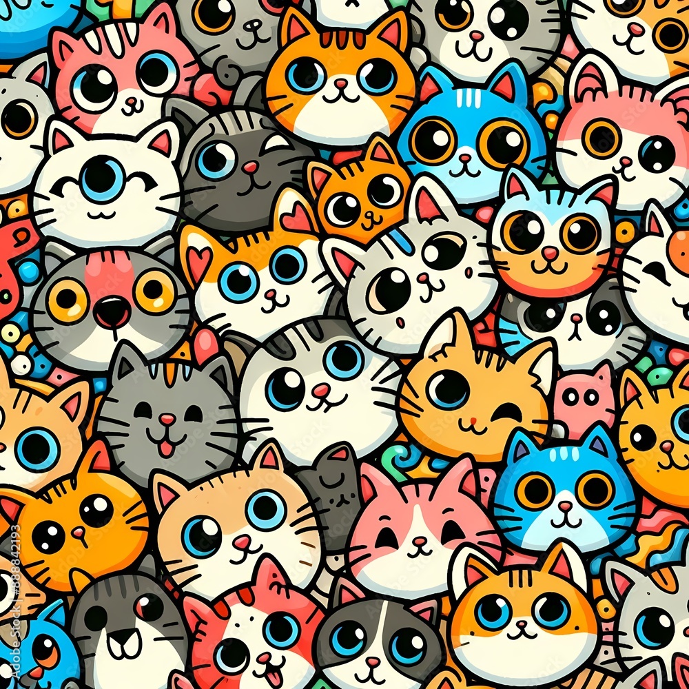Cat Doodle Art Cartoon. Various cats with expressive faces in a crowded pattern Cat Doodle Art Cartoon. Various cats with expressive faces in a crowded pattern
