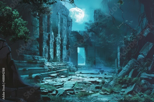 Ancient temple ruins in a mysterious jungle illuminated by moonlight photo