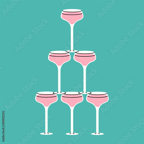 Champagne Pyramid Illustration Six pink champagne glasses 