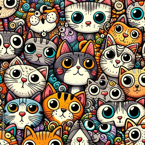 Wallpaper Mural Cat Doodle Art Cartoon. Various cats with expressive faces in a crowded pattern Torontodigital.ca