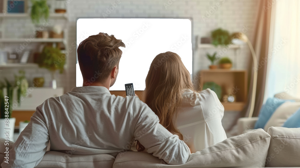 Family with remote control sitting on couch and watching TV at home, Rear view, Blank white TV Screen Family with remote control sitting on couch and watching TV at home, Rear view, Blank white TV Screen