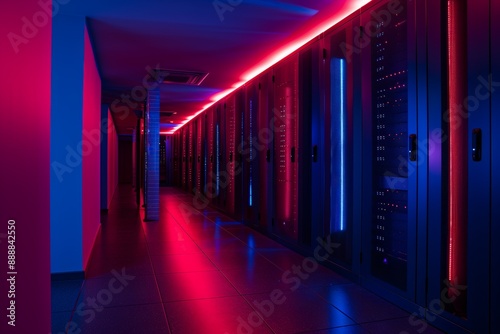 Futuristic server room with red and blue neon lights illuminating the aisles between tall black cabinets