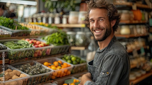 handsome shop assistant serving customer in package free store using reusable containers zero waste shops offering package free bulk goods and sustainable alternatives