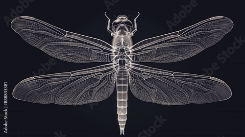 Illustration of a detailed dragonfly with transparent wings on a dark background, capturing the intricate structure.