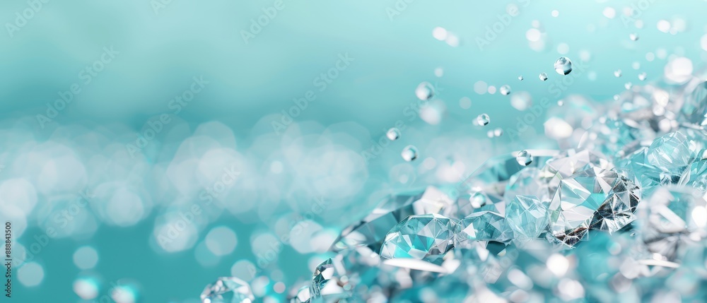A tight shot of water droplets against a blue-green backdrop, with a softly blurred sky behind A tight shot of water droplets against a blue-green backdrop, with a softly blurred sky behind
