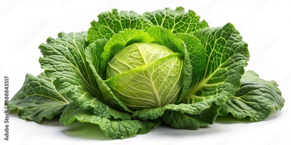 Fototapeta premium Fresh Green Savoy Cabbage on White Background, cabbage, vegetable, food, healthy,