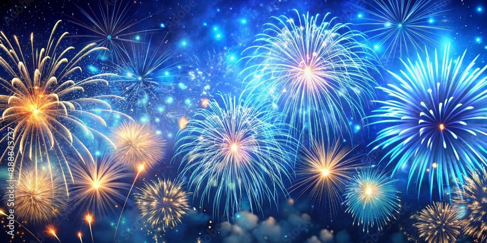 Fototapeta premium Golden and Blue Fireworks Display on Night Sky, Fireworks, Celebration, New Year, Holiday