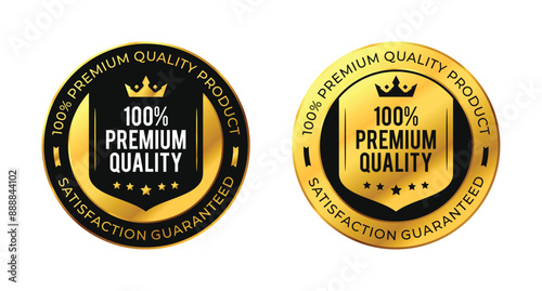 100 percent premium quality satisfaction guaranteed. Vector circle black and gold isolated on white with stars and crown. For icon, logo, label, seal, tag, sign, seal, symbol, badge, stamp, sticker