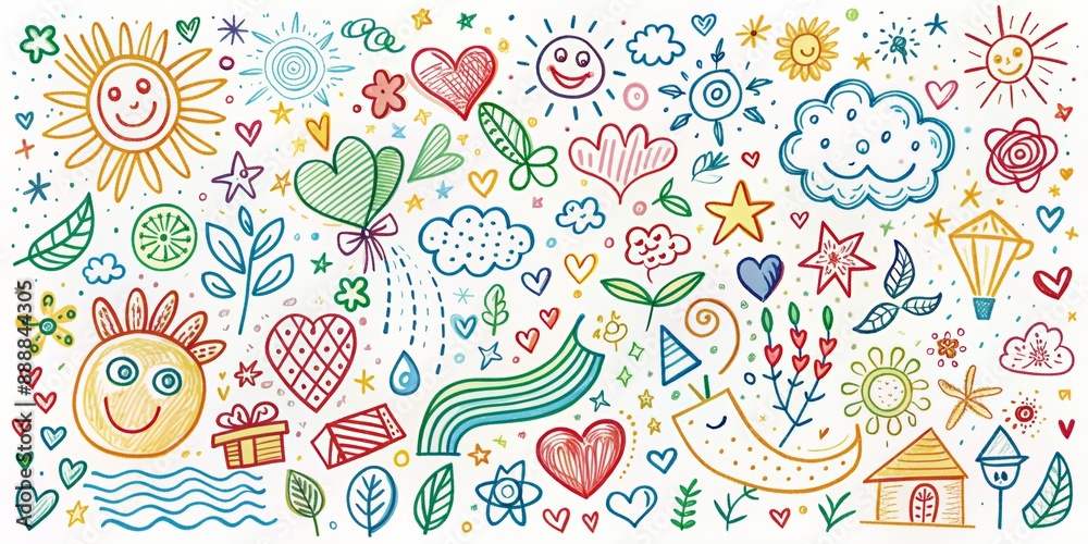 Naklejka premium Hand Drawn Colorful Doodle Pattern, Crayon , Doodle Art, Illustration, Kids Drawing