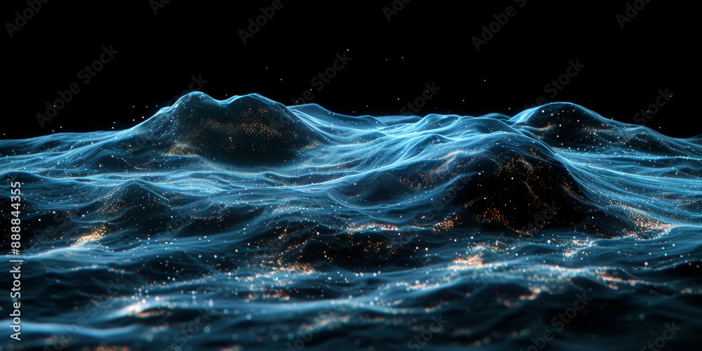 Abstract blue light particles forming dynamic patterns on a dark background, concept of technology. 