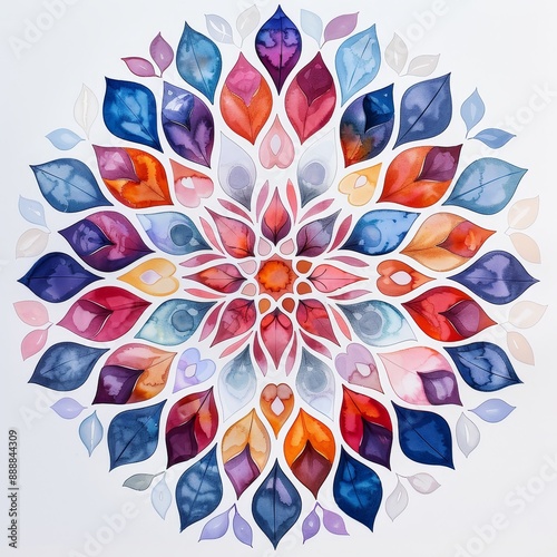 A beautiful mandala design painted in watercolor, showcasing vibrant hues of orange, red, blue, and purple in a symmetrical pattern. photo