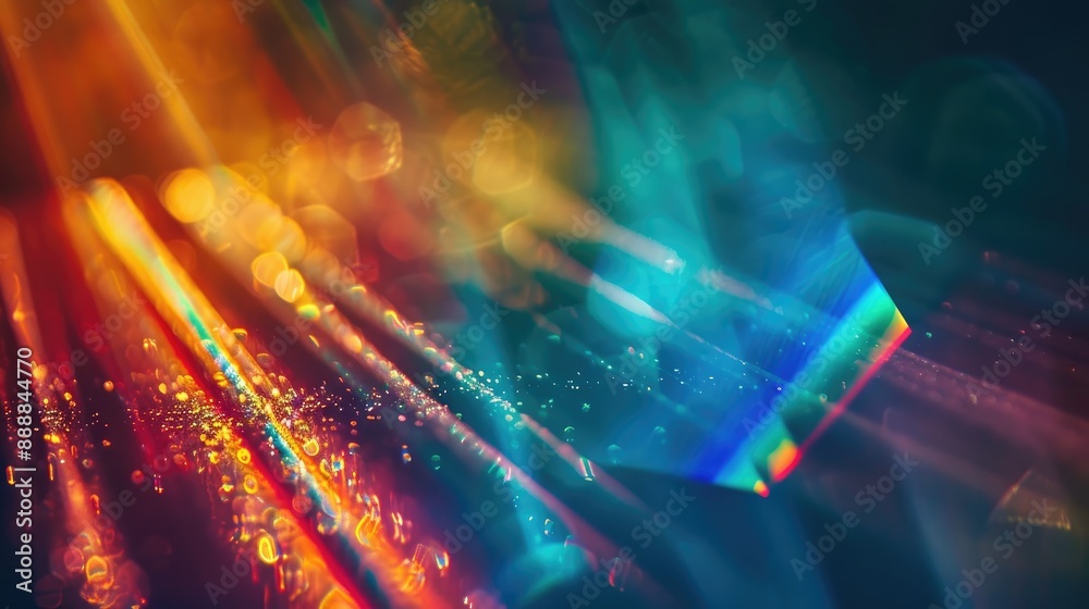 Obraz premium Colorful prism light leak overlay on dark background