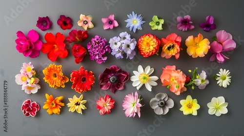 Wallpaper Mural top-down photograph of cut blossoms arranged in chromatic rainbow color order on a sleek grey background Torontodigital.ca