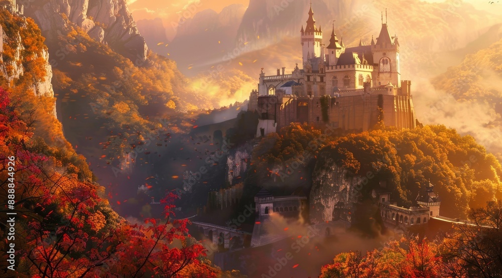 Majestic autumn castle in the mountains with vibrant fall foliage and a warm sunset Majestic autumn castle in the mountains with vibrant fall foliage and a warm sunset