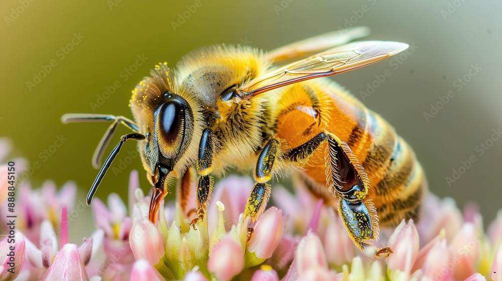 Naklejka premium Illustration of a Honeybee collecting nectar from a pink flower. for Education, design, website, and media decor. Commercial use, 300 dpi