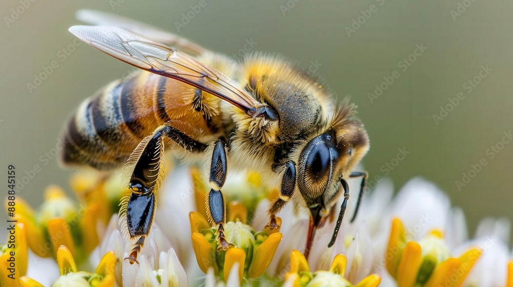 Close-up of a honeybee collecting pollen from a white flower. For Education purposes, Leavelet, and Poster design, website, and media decor. Commercial use, 300 dpi Close-up of a honeybee collecting pollen from a white flower. For Education purposes, Leavelet, and Poster design, website, and media decor. Commercial use, 300 dpi