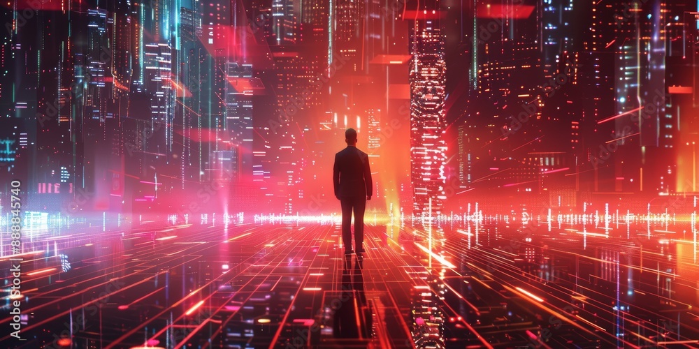 Fototapeta premium Man walking through a digital city