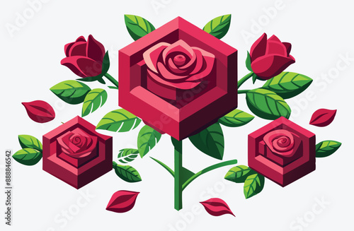 Exquisite Rose Isometric Illustrations on Pristine White Background