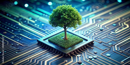 The Green Circuit A Tree Grows on a Microchip, technology, nature, sustainability, future photo