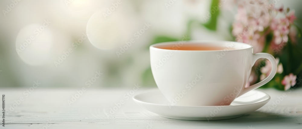 A teacup atop a saucer, a vase of pink flowers behind A teacup atop a saucer, a vase of pink flowers behind