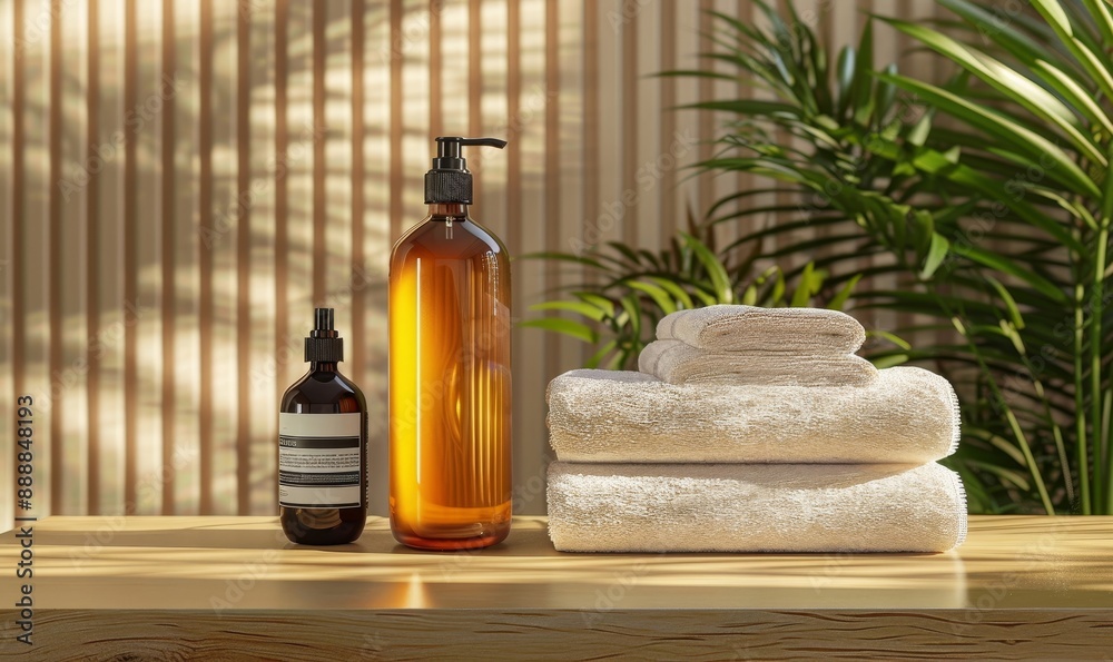 Obraz premium Photo of liquid soap bottle with towels mockup, Generative AI