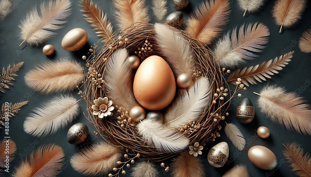 Naklejka premium Golden Egg in Nest Surrounded by Feathers