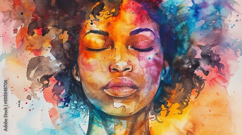 Pretty young black ethnic woman - mixed emotions - calmness - freedom - happiness - mindful - very beautiful watercolor illustration