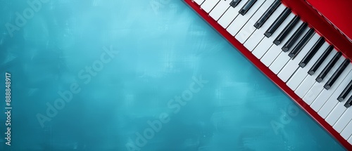 A red-and-white piano sits atop a blue table Nearby, a black-and-white piano rests on another identical blue table