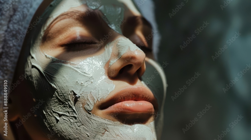 Fototapeta premium Elegant spa day, soft ambient light, closeup of face mask application