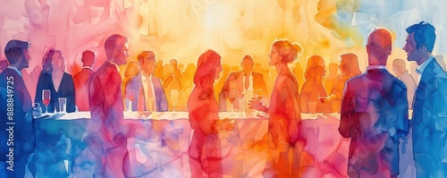 Business networking, lively networking mixer, vibrant setting, Watercolor style