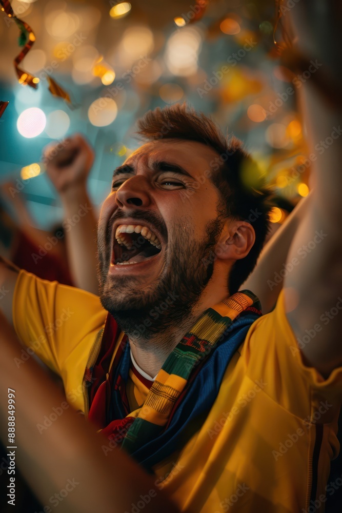 Fototapeta premium Caucasian man celebrates passionately at home surrounded by colorful confetti and a festive atmosphere, wearing a yellow jersey and team scarf, with arms raised high in excitement.