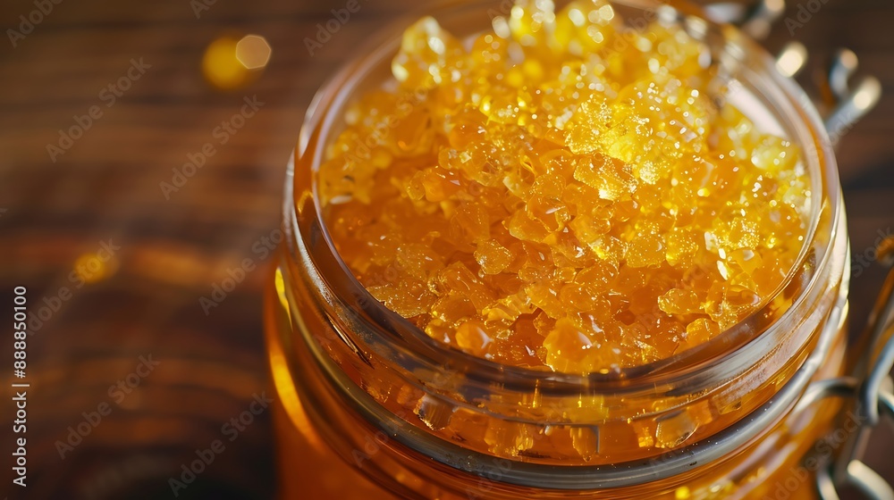 In a historic jar caramelized sugar with bright orange jelly In a historic jar caramelized sugar with bright orange jelly