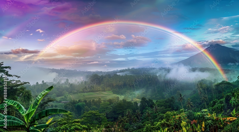 Obraz premium Rainbow over lush green jungle landscape with vibrant sky and majestic mountain
