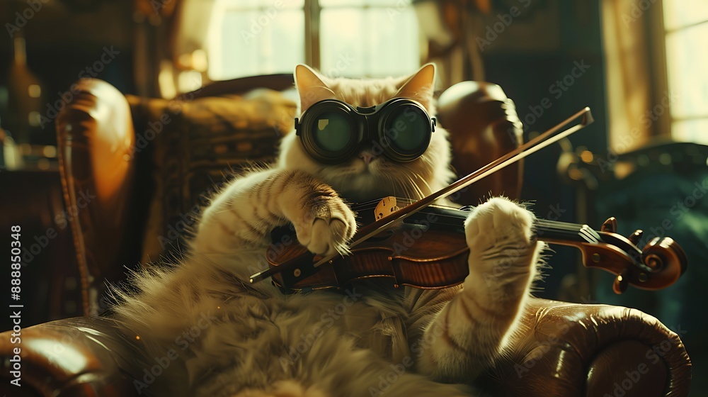 In a lounge chair a pale yellow cat with goggles plays a violin