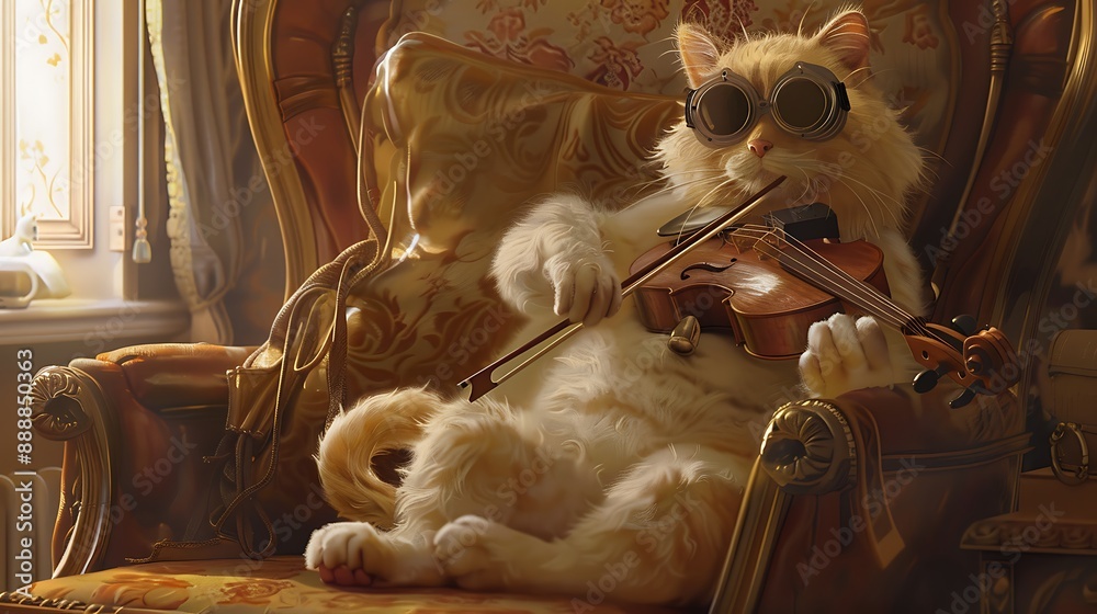 In a lounge chair a pale yellow cat with goggles plays a violin