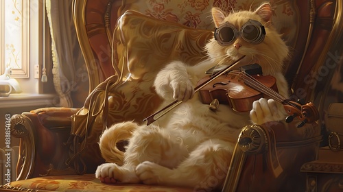 In a lounge chair a pale yellow cat with goggles plays a violin