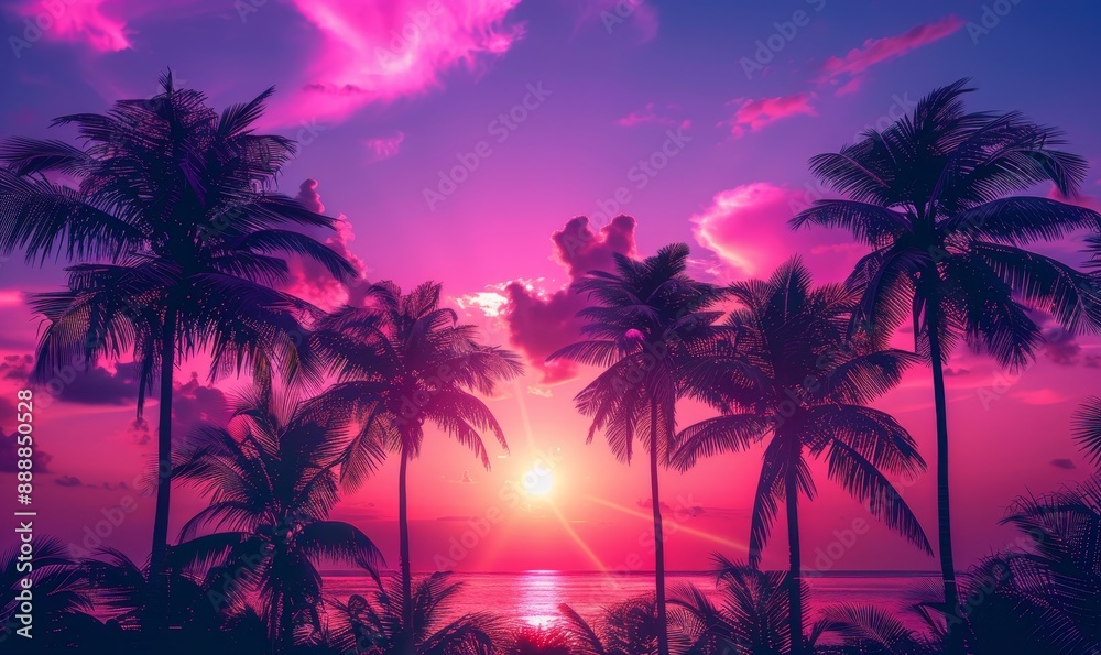 Palm trees framed by purple and pink shades of sunset create an incredible sight, Generative AI Palm trees framed by purple and pink shades of sunset create an incredible sight, Generative AI